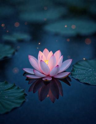 The primary subject of the image is a pink flower floating on top of a body of water, possibly a pond or a lake. The setting is a serene environment with a nighttime atmosphere, as the flower is lit up by a soft glow. The visual style appears to be a photo, capturing the beauty of the flower in its natural surroundings. The colors and mood of the image are predominantly pink and calming, creating a peaceful and tranquil scene.